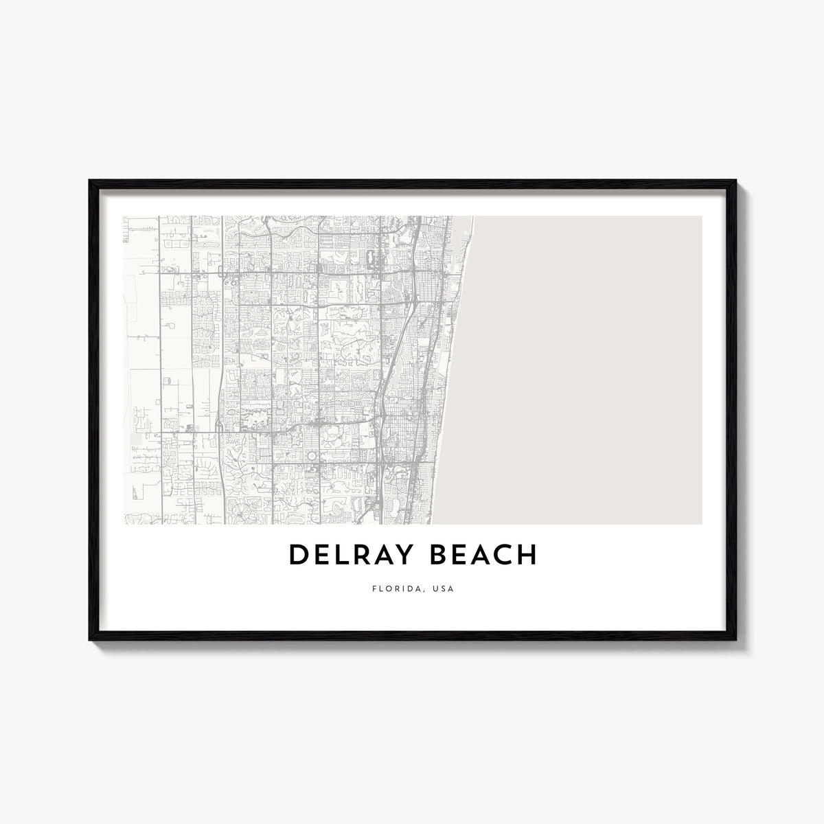Delray Beach black & white map poster of Florida, USA – horizontal wall art, unframed print shown in interior mockup