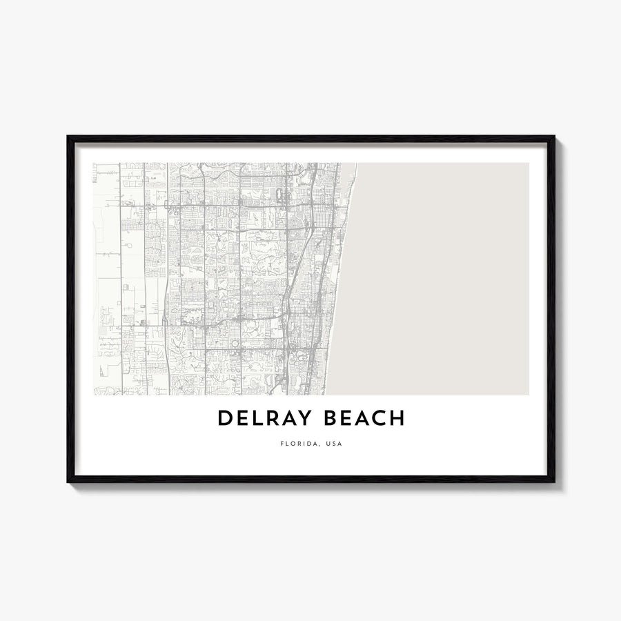 Delray Beach black & white map poster of Florida, USA – horizontal wall art, unframed print shown in interior mockup