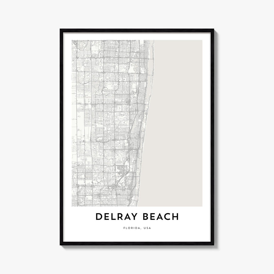 Delray Beach black & white map poster of Florida, USA – vertical wall art, unframed print shown in interior mockup