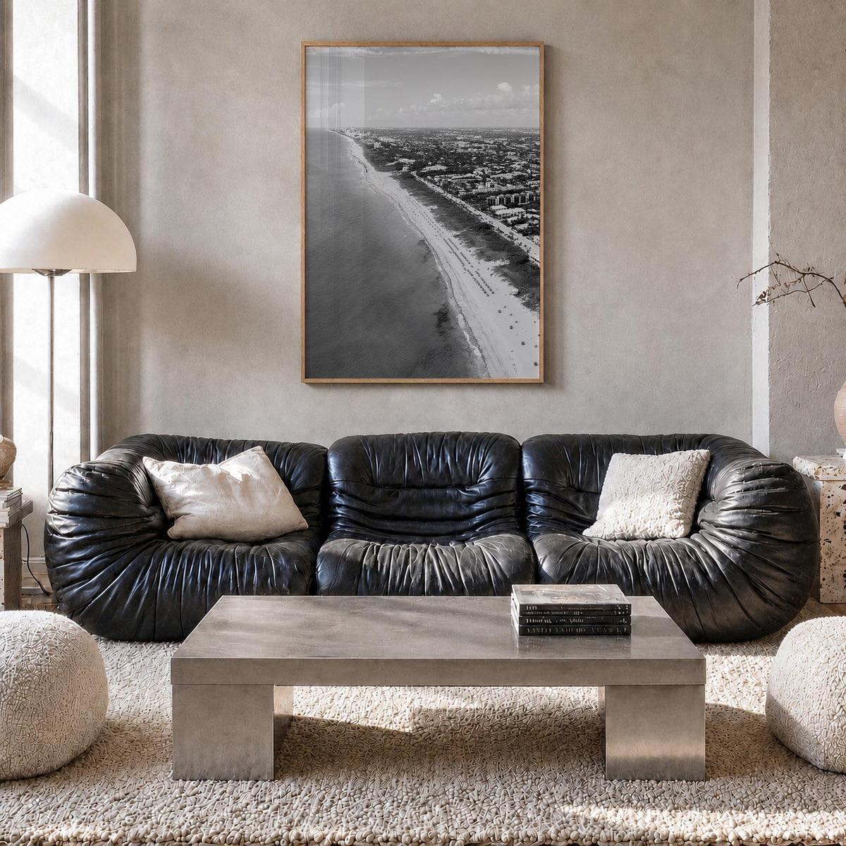 Delray Beach black & white photo poster of Florida, USA – vertical wall art in natural wood frame, hanging on wall