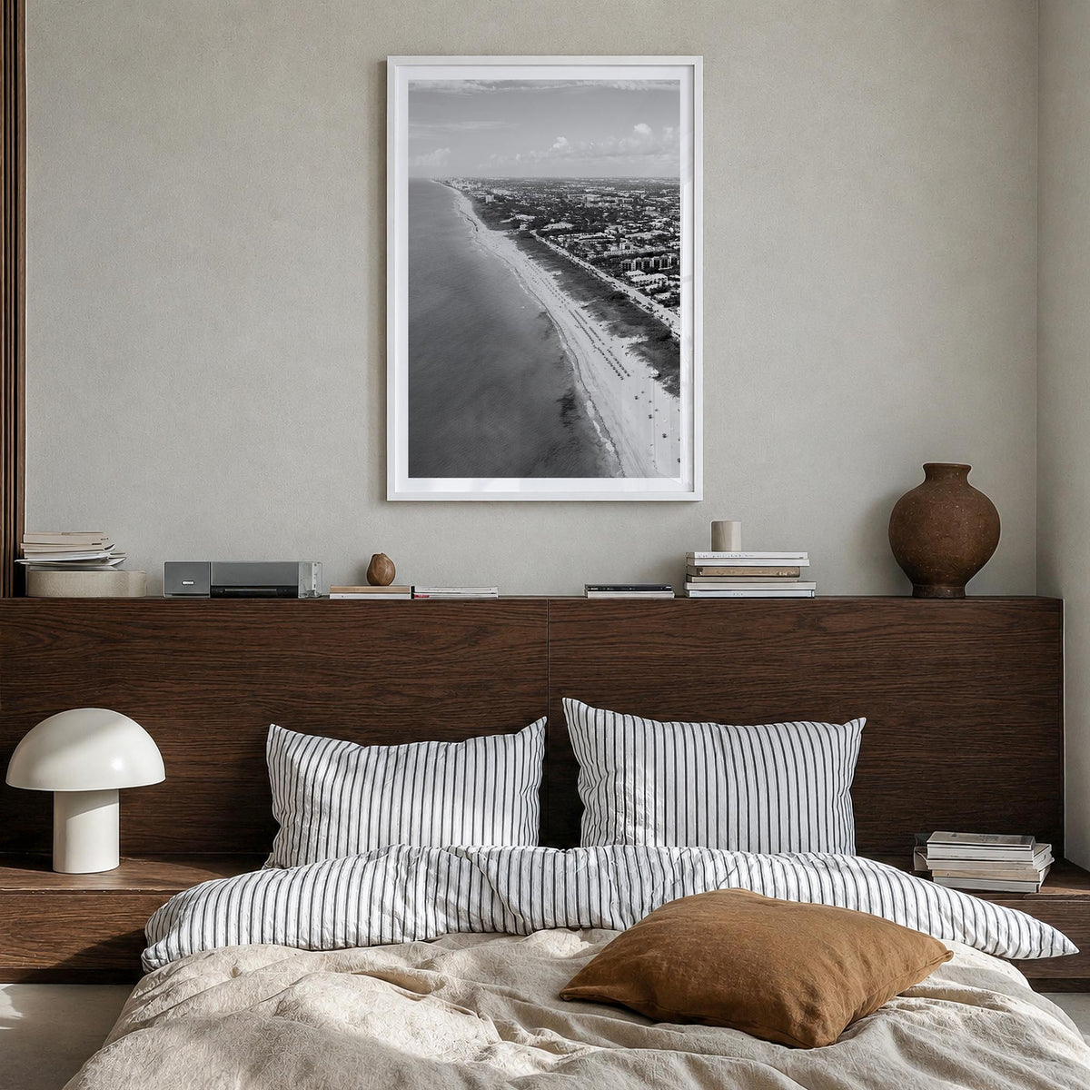 Delray Beach black & white photo poster of Florida, USA – vertical wall art in white wood frame with white border, hanging on