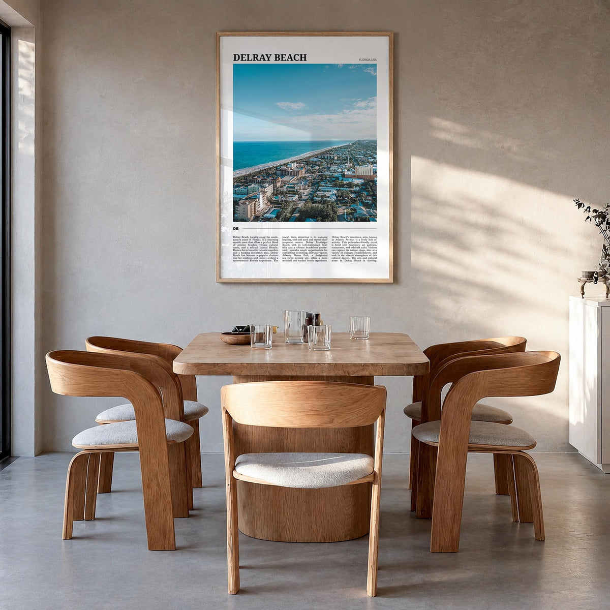 Delray Beach colorful travel poster of Florida, USA – vertical wall art in natural wood frame, hanging on wall