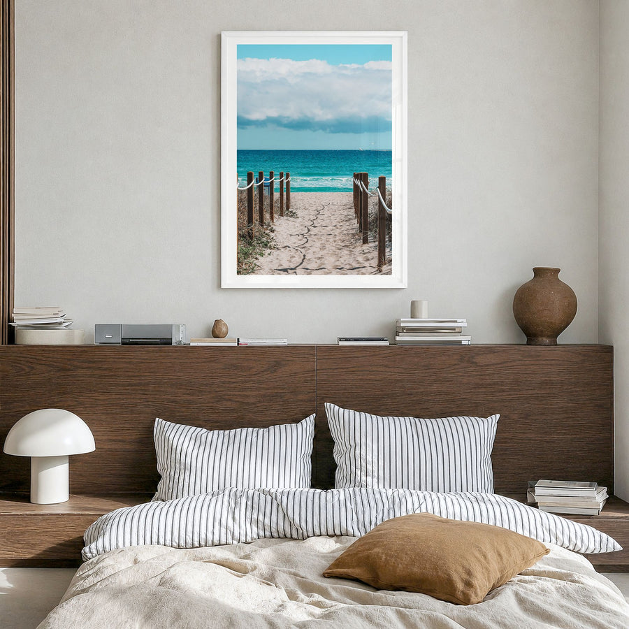 Delray Beach Photo Poster in a white wood frame, hanging in a bedroom, white border