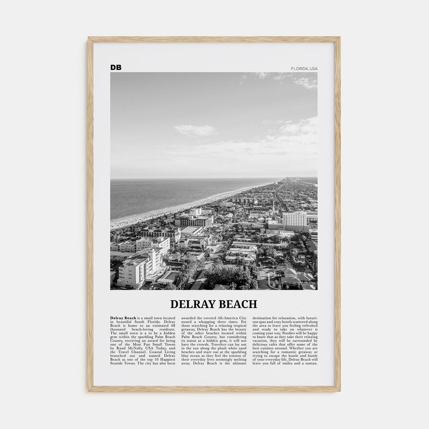 Delray Beach Poster Natural Wood / 8x12 in Nbourhood Travel B&W Poster