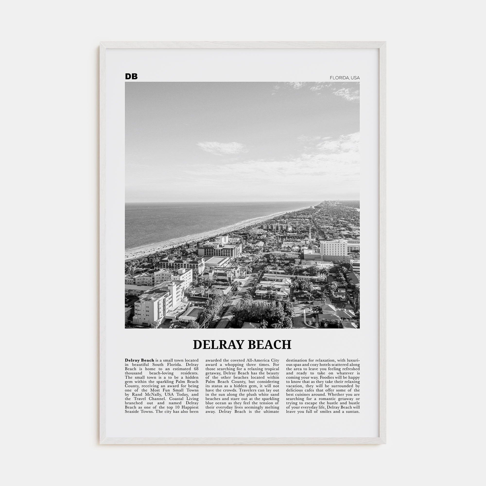 Delray Beach Poster White Wood / 8x12 in Nbourhood Travel B&W Poster