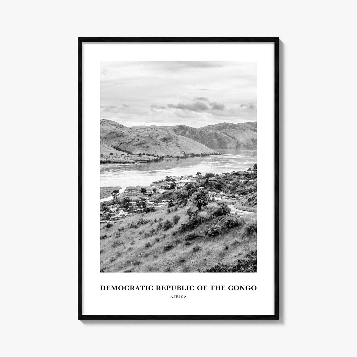Democratic Republic of the Congo black & white classic poster of Africa – vertical wall art, unframed print shown in interior