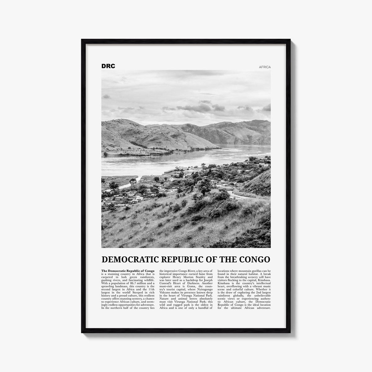 Democratic Republic of the Congo black & white newspaper poster of Africa – vertical wall art, unframed print shown in interi