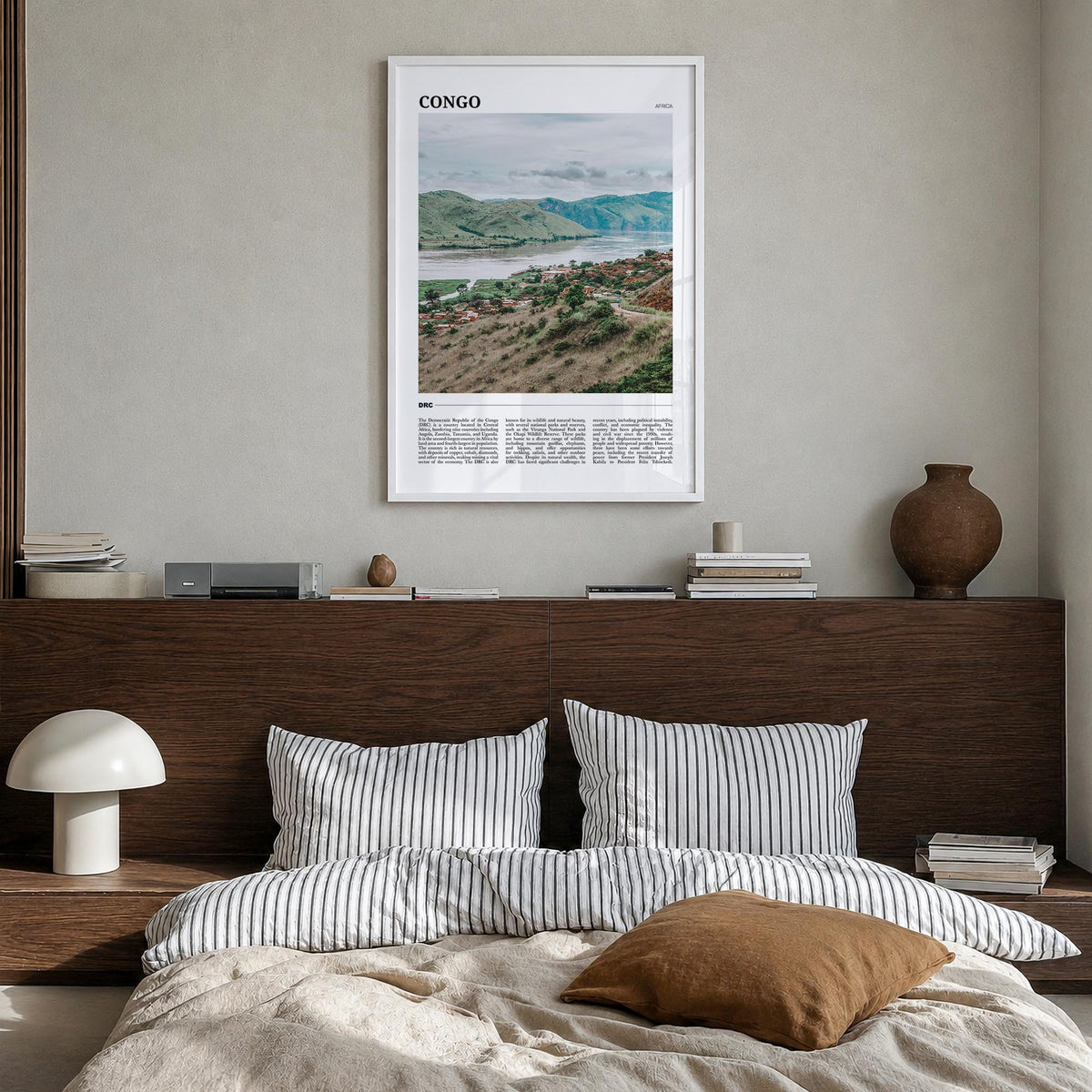 Democratic Republic of the Congo colorful travel poster of Africa – vertical wall art in white wood frame, hanging on wall