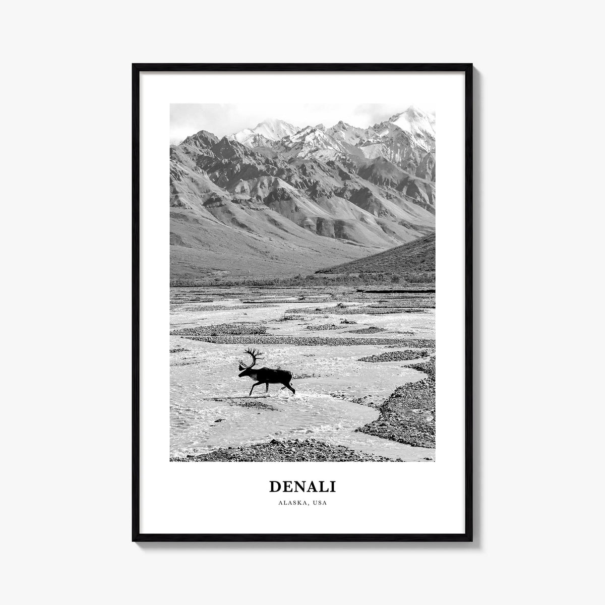 Denali black & white classic poster of Alaska, USA – vertical wall art, unframed print shown in interior mockup