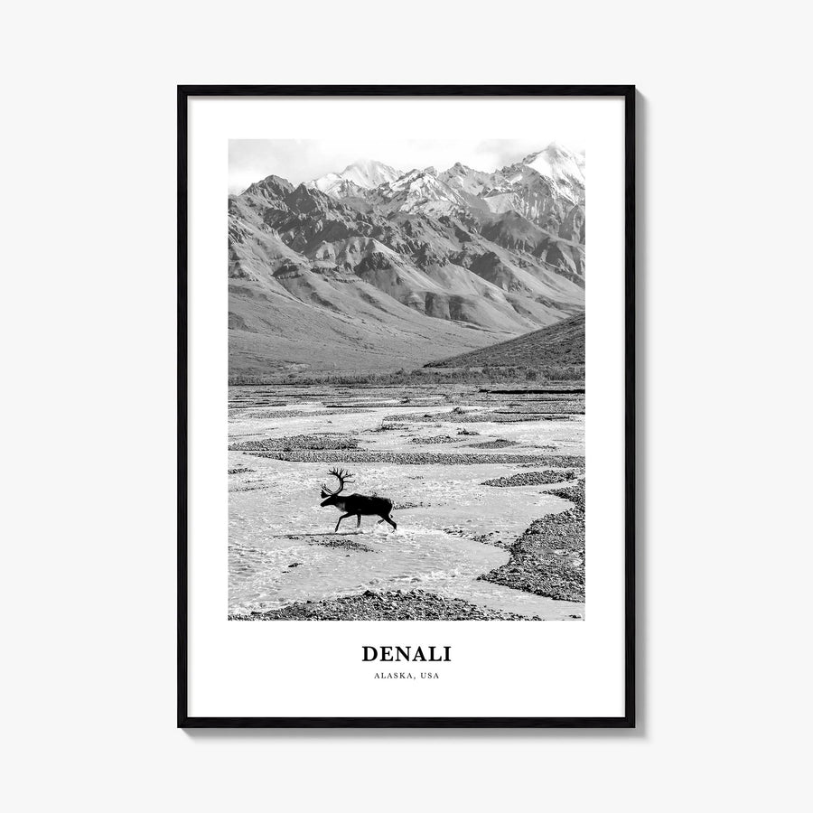 Denali black & white classic poster of Alaska, USA – vertical wall art, unframed print shown in interior mockup