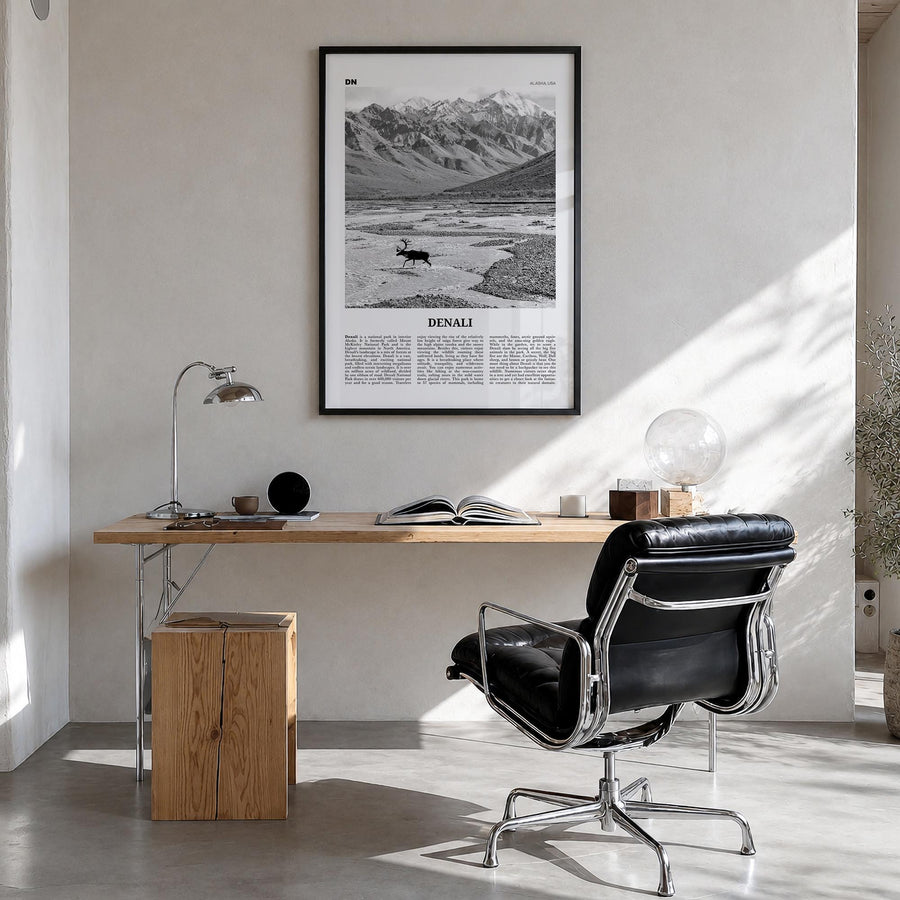 Denali no. 1 black & white newspaper poster of Alaska, USA – vertical wall art in black wood frame, hanging on wall