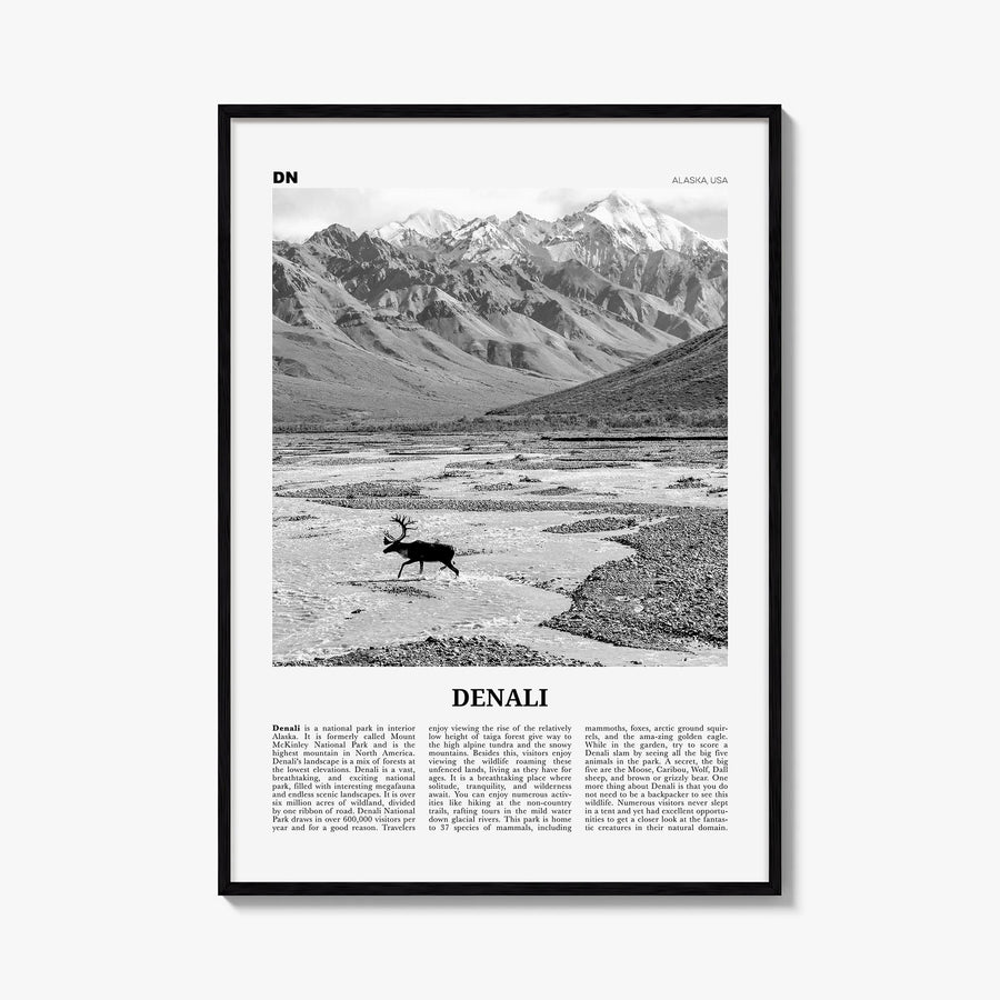 Denali no. 1 black & white newspaper poster of Alaska, USA – vertical wall art, unframed print shown in interior mockup