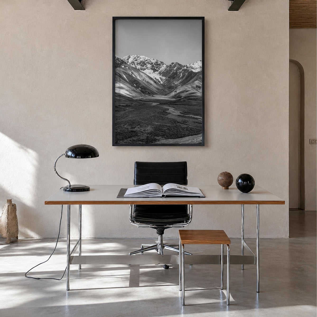 Denali black & white photo poster of Alaska, USA – vertical wall art in black wood frame, hanging on wall
