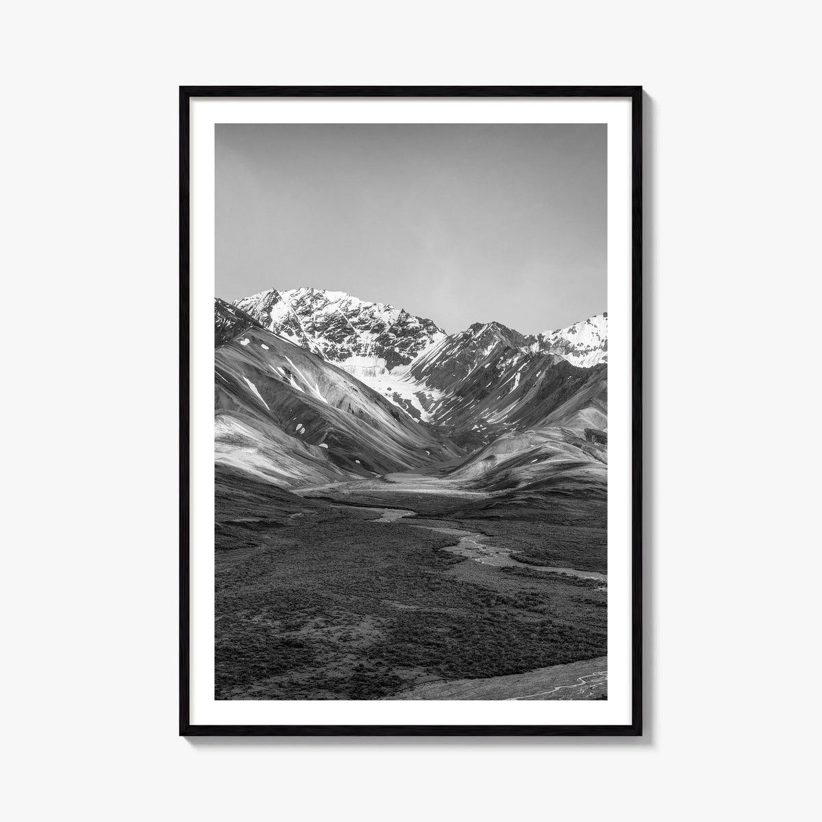 Denali black & white photo poster of Alaska, USA – vertical wall art, unframed print shown in interior mockup
