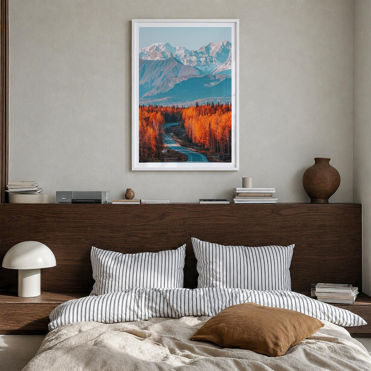 Denali colorful photo poster of Alaska, USA – vertical wall art in white wood frame with white border, hanging on wall