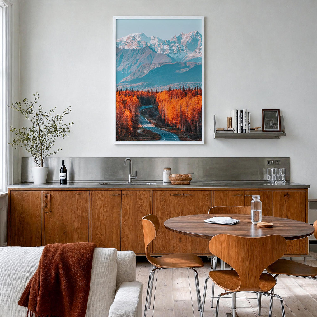 Denali colorful photo poster of Alaska, USA – vertical wall art in white wood frame, hanging on wall