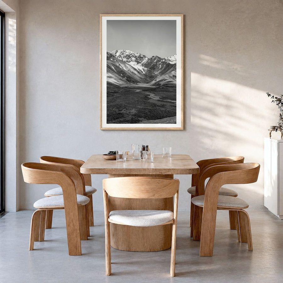 Denali Photo Poster in a natural wood frame, hanging in a dining room, white border
