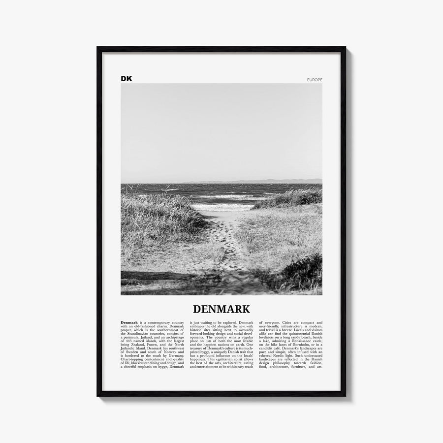 Denmark black & white newspaper poster of Europe – vertical wall art, unframed print shown in interior mockup