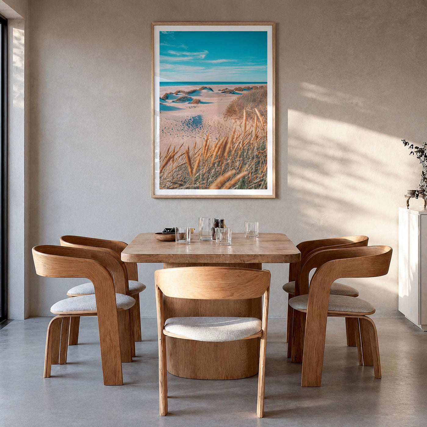 Denmark colorful photo poster of Europe – vertical wall art in natural wood frame with white border, hanging on wall