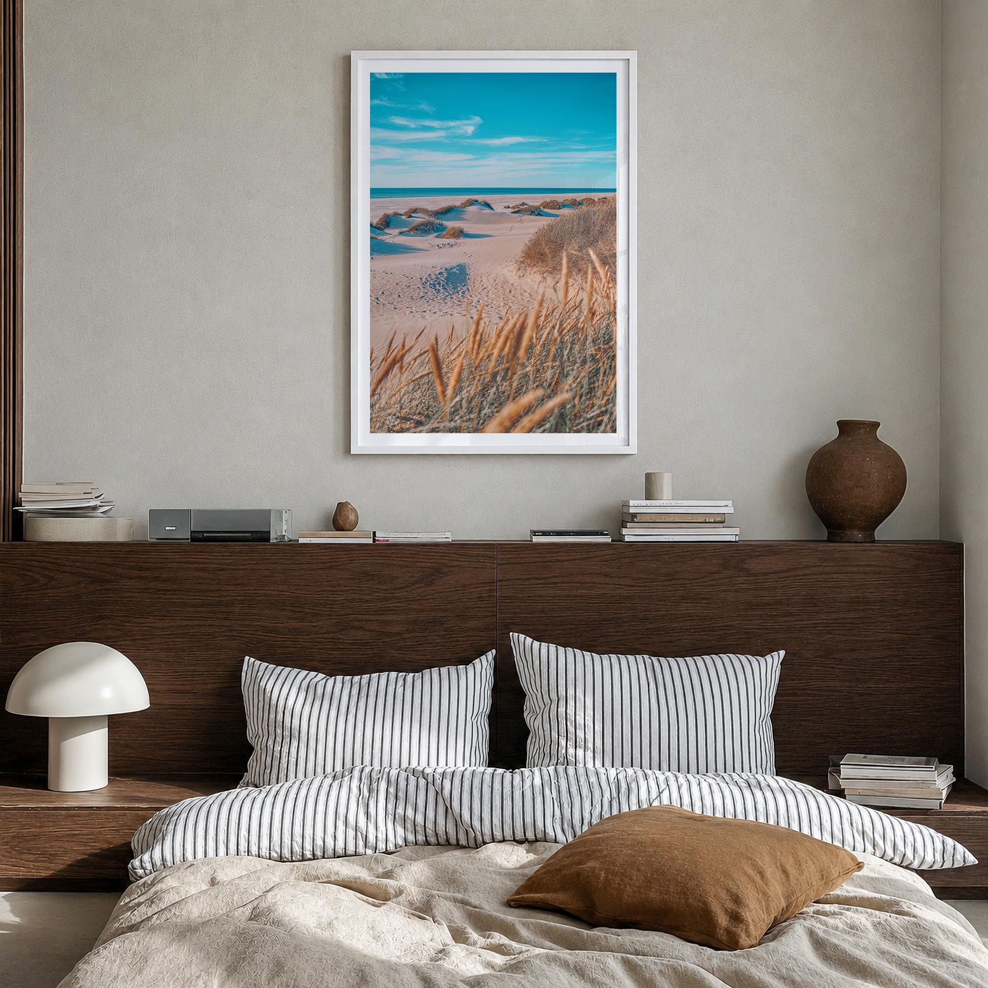 Denmark colorful photo poster of Europe – vertical wall art in white wood frame with white border, hanging on wall