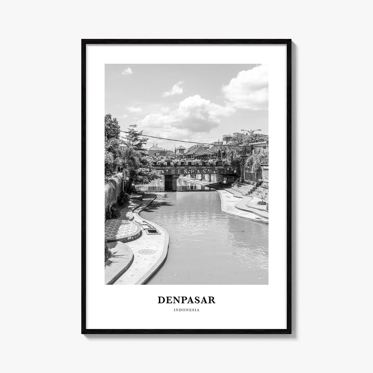 Denpasar black & white classic poster of Indonesia – vertical wall art, unframed print shown in interior mockup