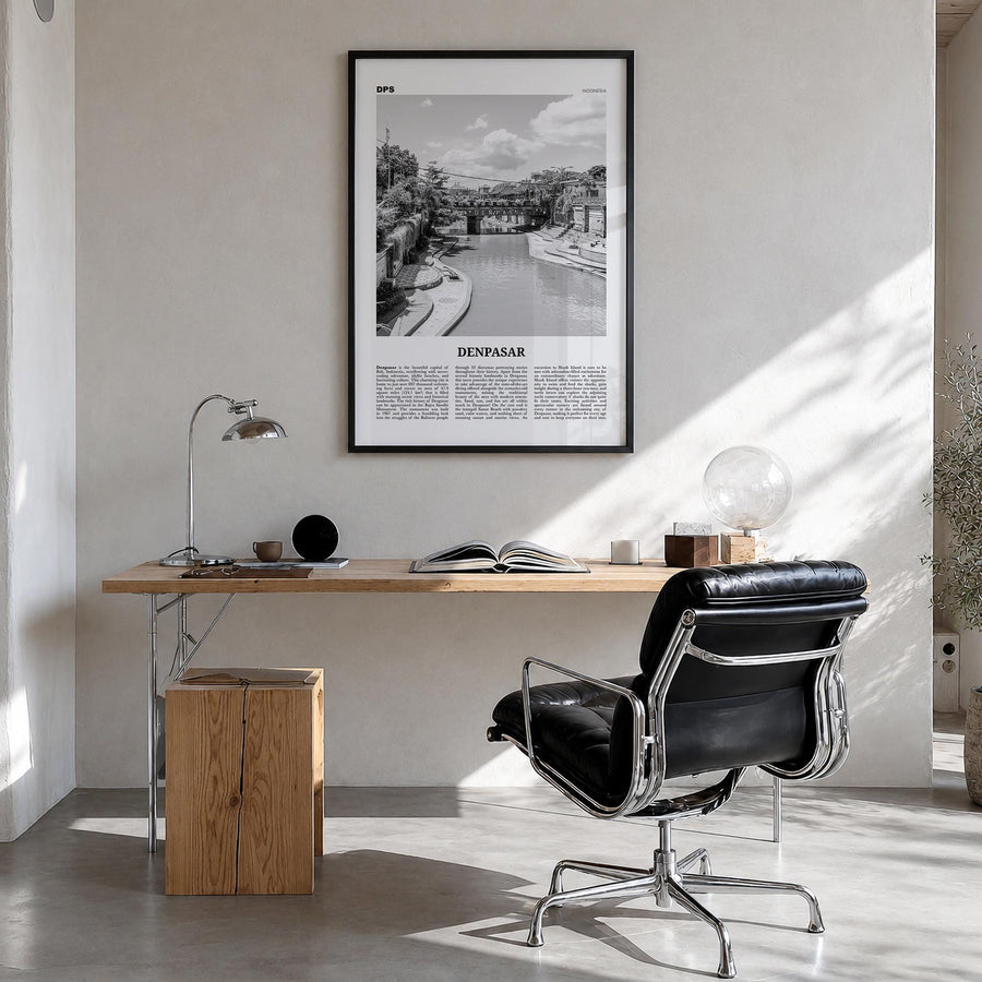 Denpasar black & white newspaper poster of Indonesia – vertical wall art in black wood frame, hanging on wall