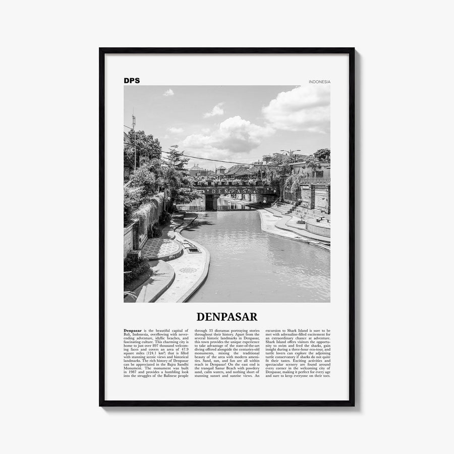 Denpasar black & white newspaper poster of Indonesia – vertical wall art, unframed print shown in interior mockup