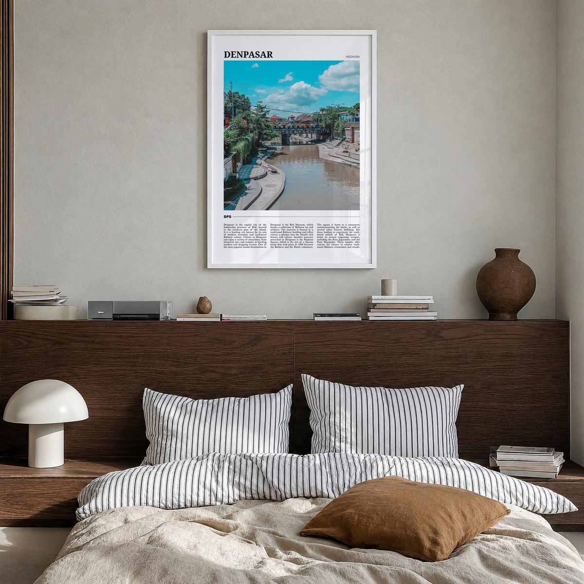 Denpasar colorful travel poster of Indonesia – vertical wall art in white wood frame, hanging on wall