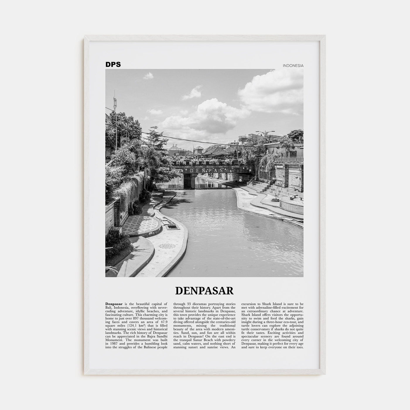 Denpasar Poster White Wood / 8x12 in Nbourhood Travel B&W Poster