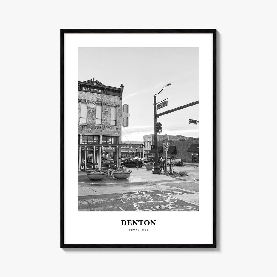 Denton black & white classic poster of Texas, USA – vertical wall art, unframed print shown in interior mockup