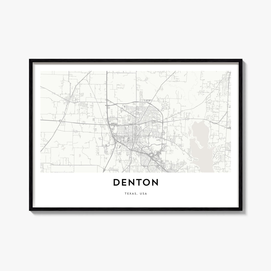 Denton black & white map poster of Texas, USA – horizontal wall art, unframed print shown in interior mockup