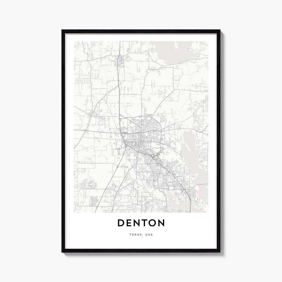 Denton black & white map poster of Texas, USA – vertical wall art, unframed print shown in interior mockup