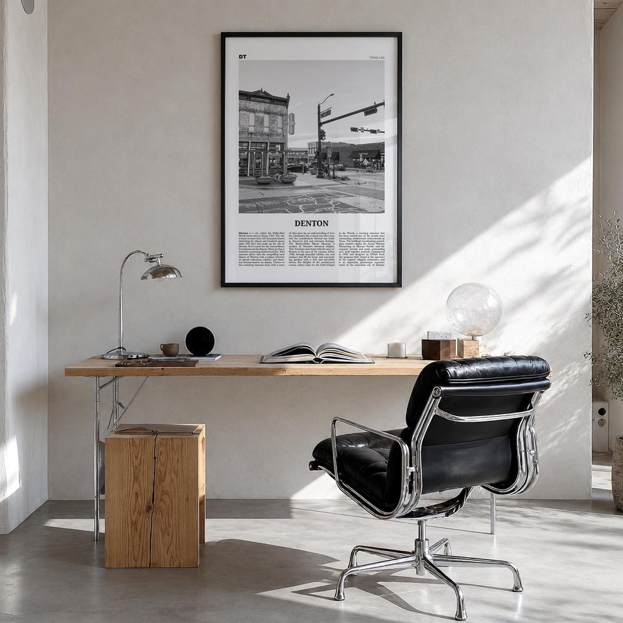 Denton black & white newspaper poster of Texas, USA – vertical wall art in black wood frame, hanging on wall