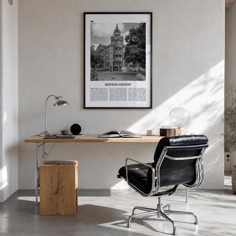 Denton County black & white newspaper poster of Texas, USA – vertical wall art in black wood frame, hanging on wall