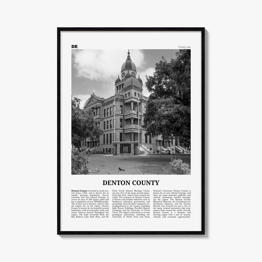 Denton County black & white newspaper poster of Texas, USA – vertical wall art, unframed print shown in interior mockup