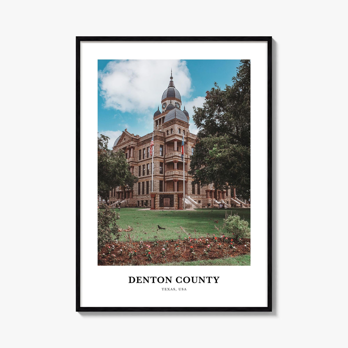 Denton County colorful classic poster of Texas, USA – vertical wall art, unframed print shown in interior mockup