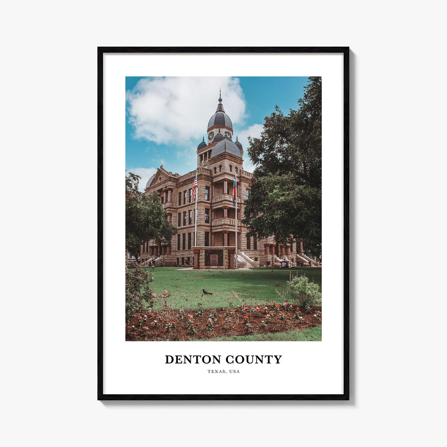 Denton County colorful classic poster of Texas, USA – vertical wall art, unframed print shown in interior mockup
