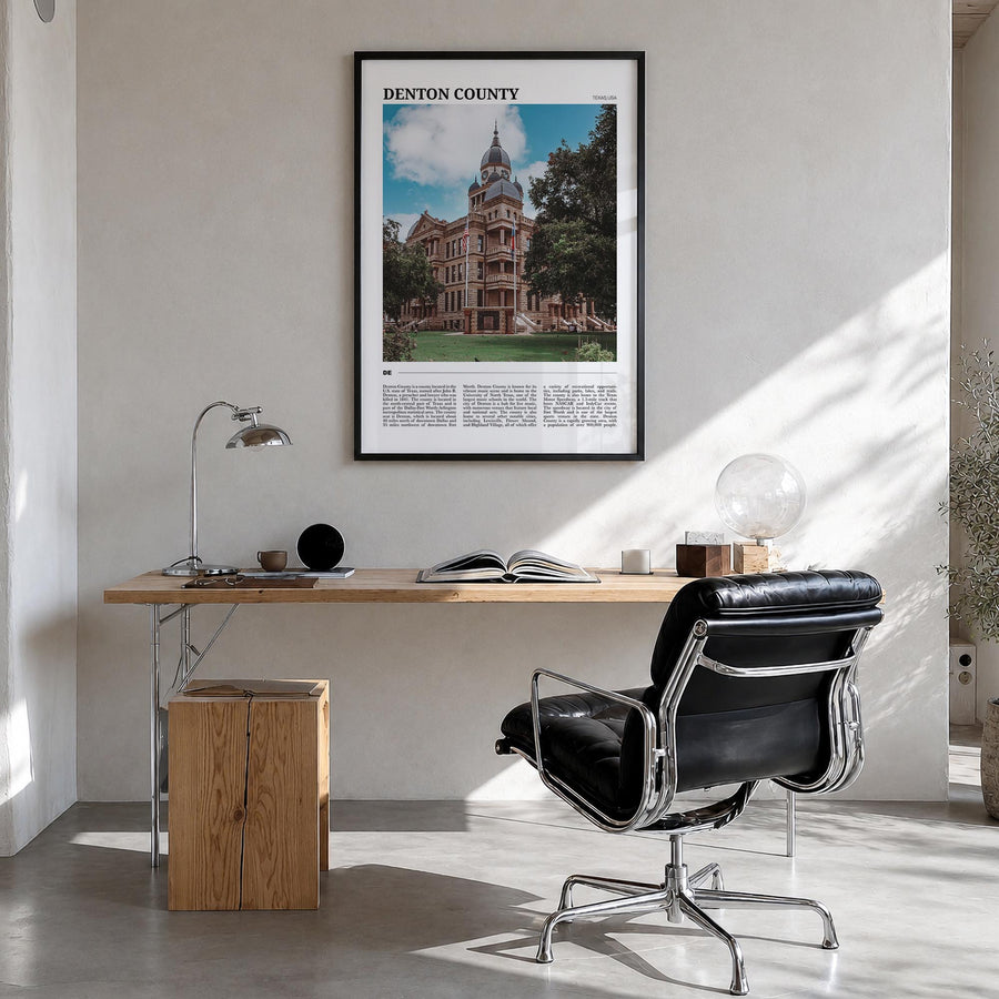 Denton County colorful travel poster of Texas, USA – vertical wall art in black wood frame, hanging on wall