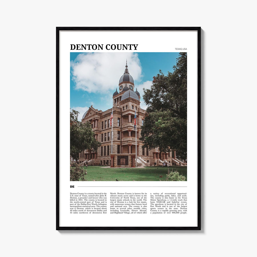 Denton County colorful travel poster of Texas, USA – vertical wall art, unframed print shown in interior mockup