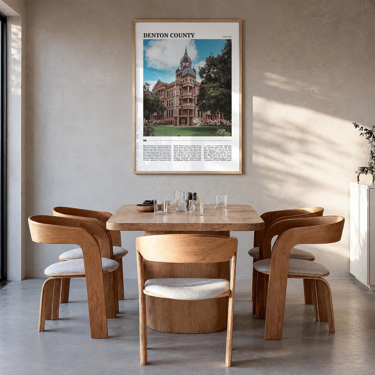 Denton County colorful travel poster of Texas, USA – vertical wall art in natural wood frame, hanging on wall
