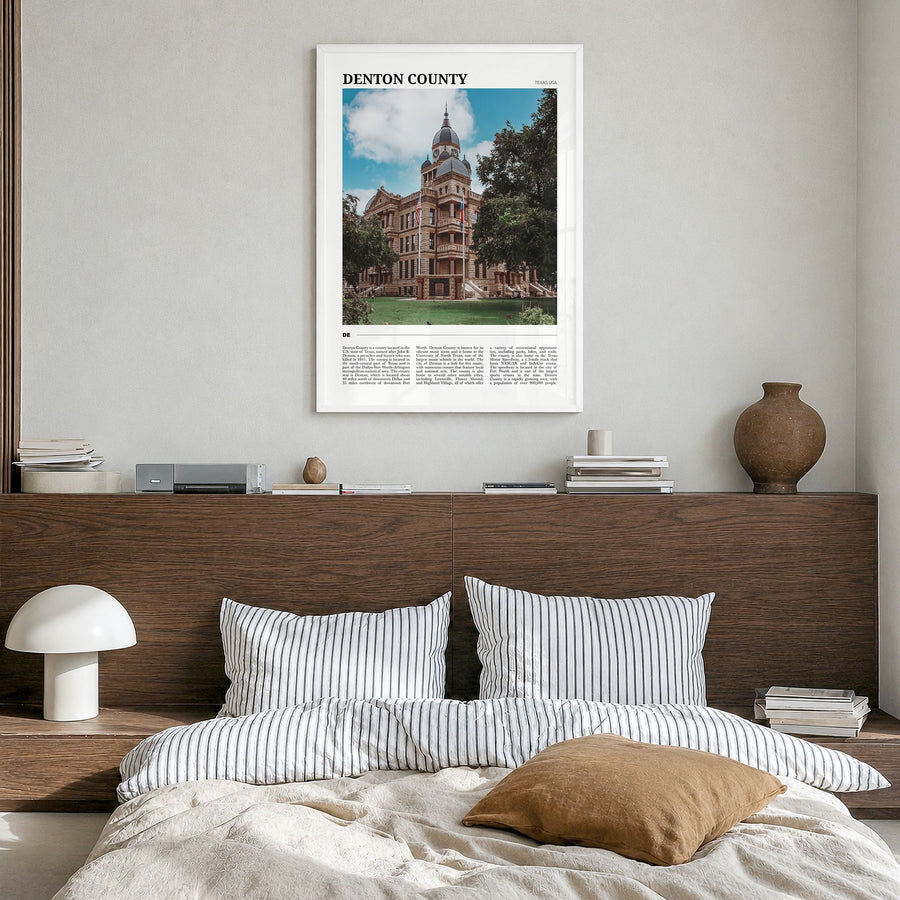 Denton County Travel Poster in a white wood frame, hanging in a bedroom