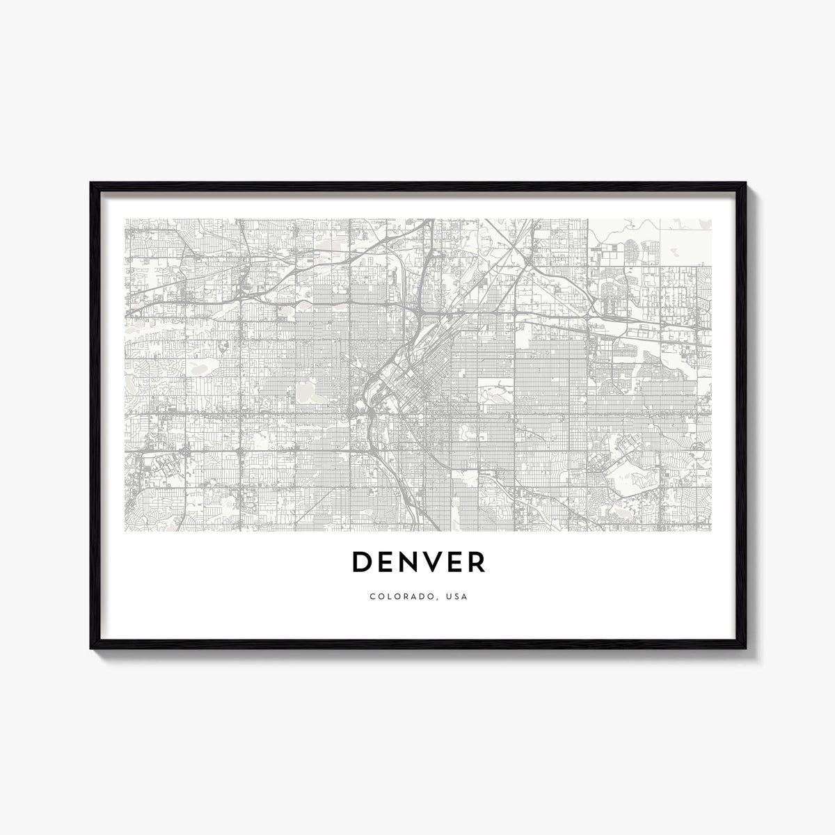 Denver black & white map poster of Colorado, USA – horizontal wall art, unframed print shown in interior mockup