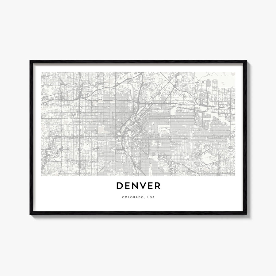 Denver black & white map poster of Colorado, USA – horizontal wall art, unframed print shown in interior mockup