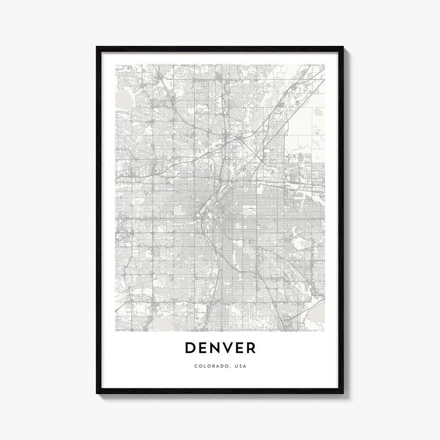 Denver black & white map poster of Colorado, USA – vertical wall art, unframed print shown in interior mockup