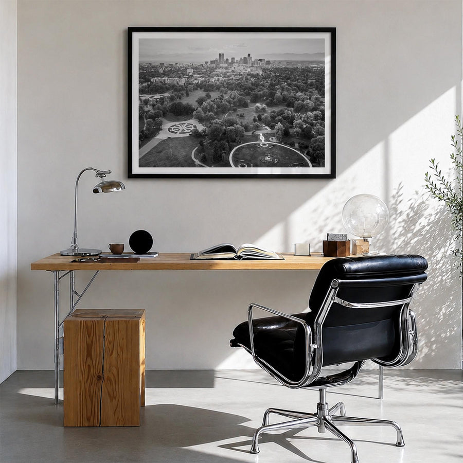 Denver black & white photo poster of Colorado, USA – horizontal wall art in black wood frame with white border, hanging on wa