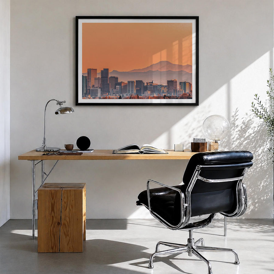 Denver colorful photo poster of Colorado, USA – horizontal wall art in black wood frame with white border, hanging on wall