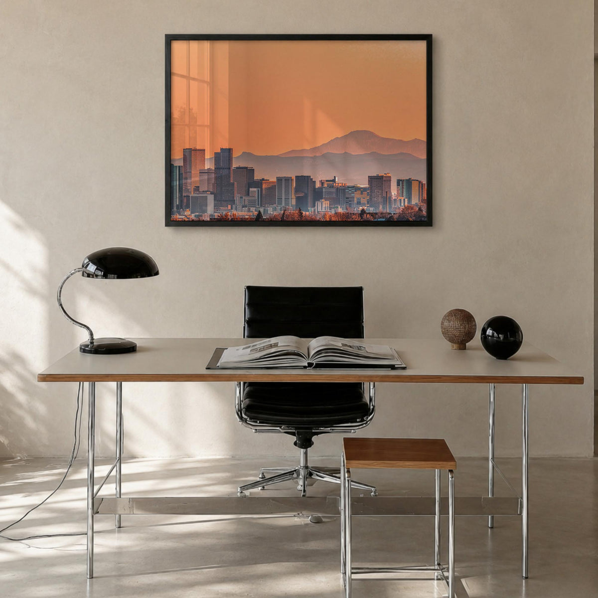 Denver colorful photo poster of Colorado, USA – horizontal wall art in black wood frame, hanging on wall