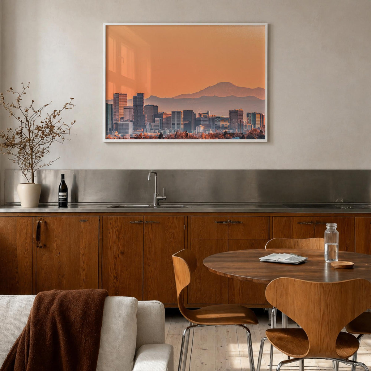 Denver colorful photo poster of Colorado, USA – horizontal wall art in white wood frame, hanging on wall