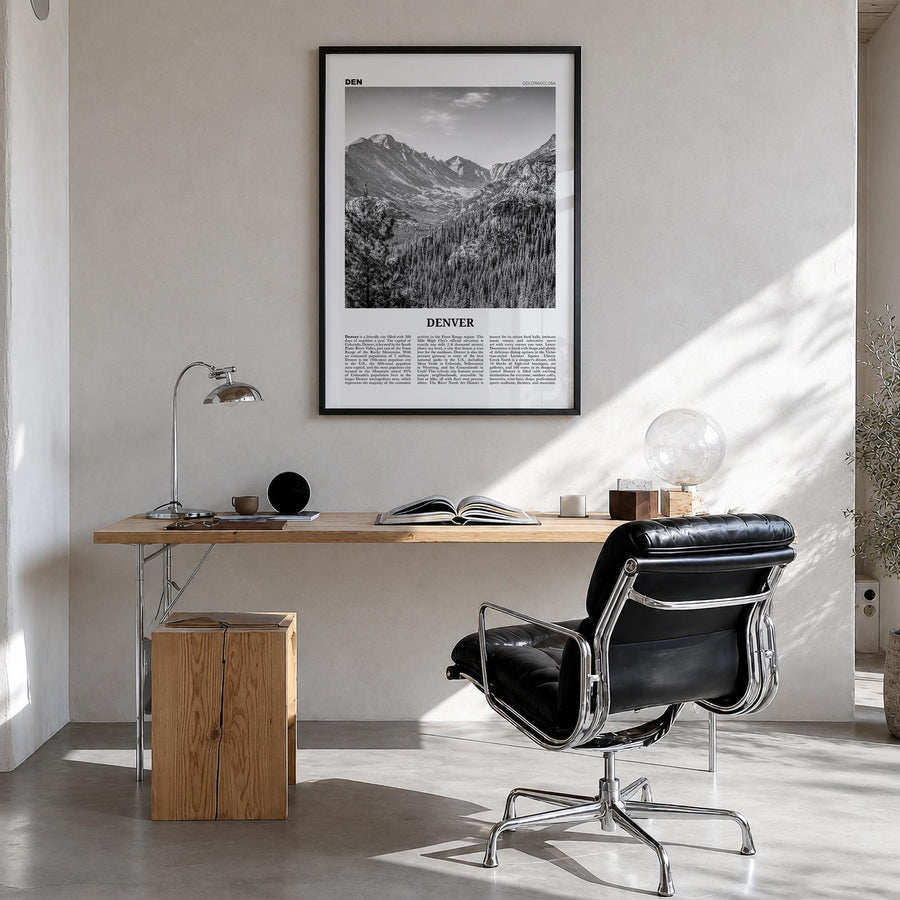 Denver no. 1 black & white newspaper poster of Colorado, USA – vertical wall art in black wood frame, hanging on wall