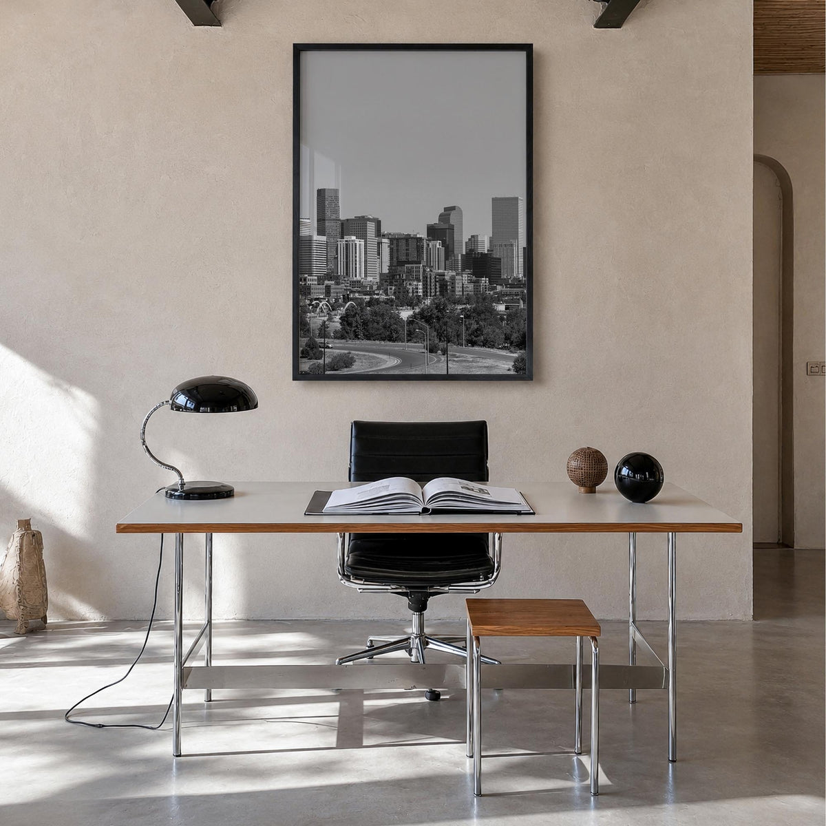 Denver no. 1 black & white photo poster of Colorado, USA – vertical wall art in black wood frame, hanging on wall